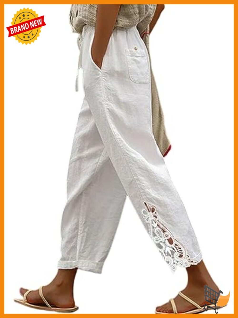 Cotton Elastic Waist Drawstring Capri Pants with Pockets